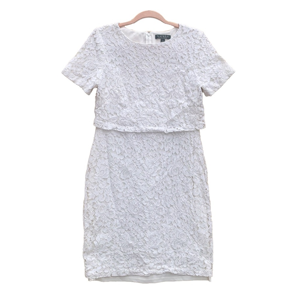 Lauren Ralph Lauren Lace White Popover Dress Women's Size 8 Elegant Wedding